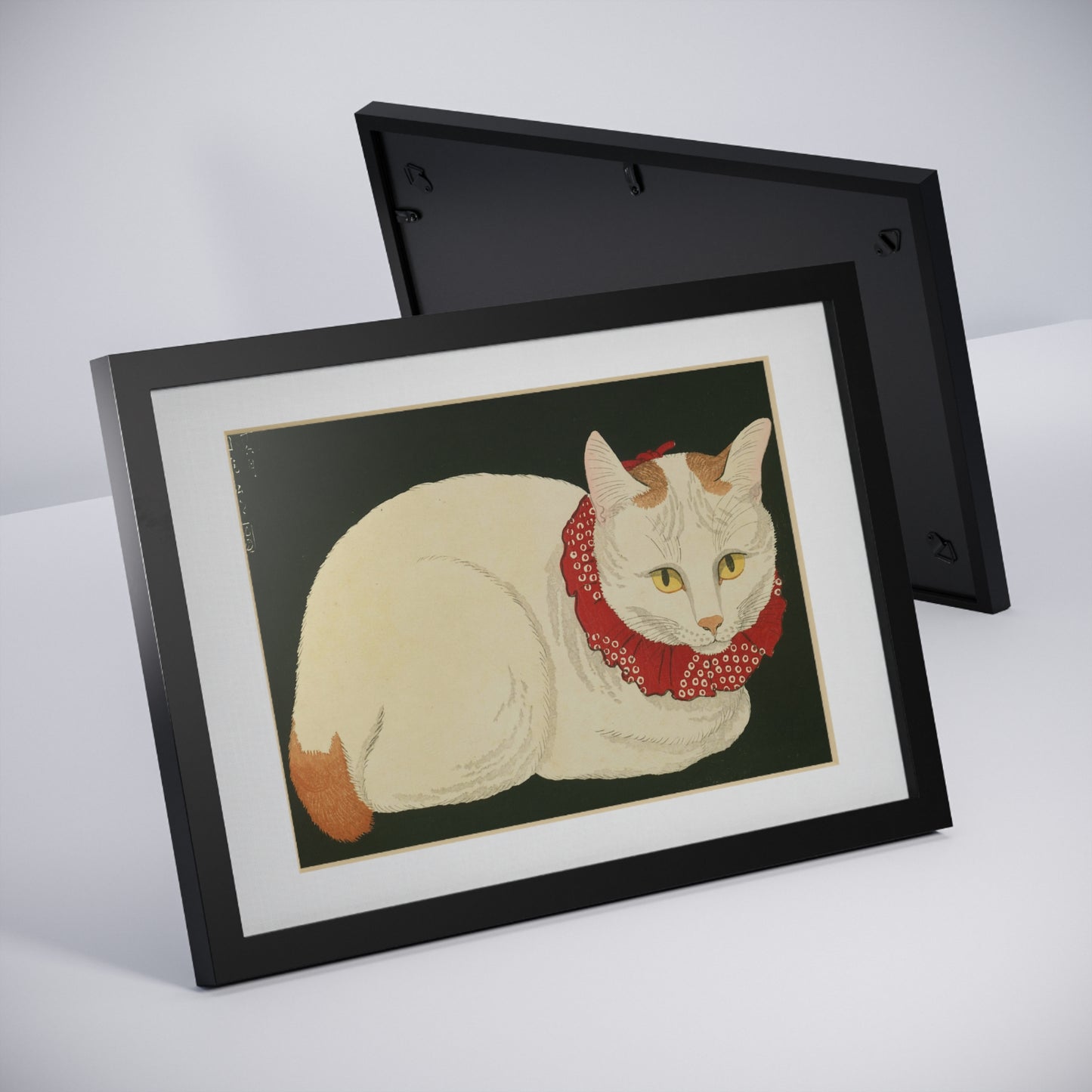 White Cat Japanese Woodblock Framed Poster – Nihon Fukei Senshu Vol.6, 1924