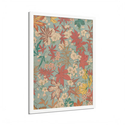 Antique Japanese Maple & Autumn Bloom Framed Poster - Meiji Era Nishikishu Wall Art