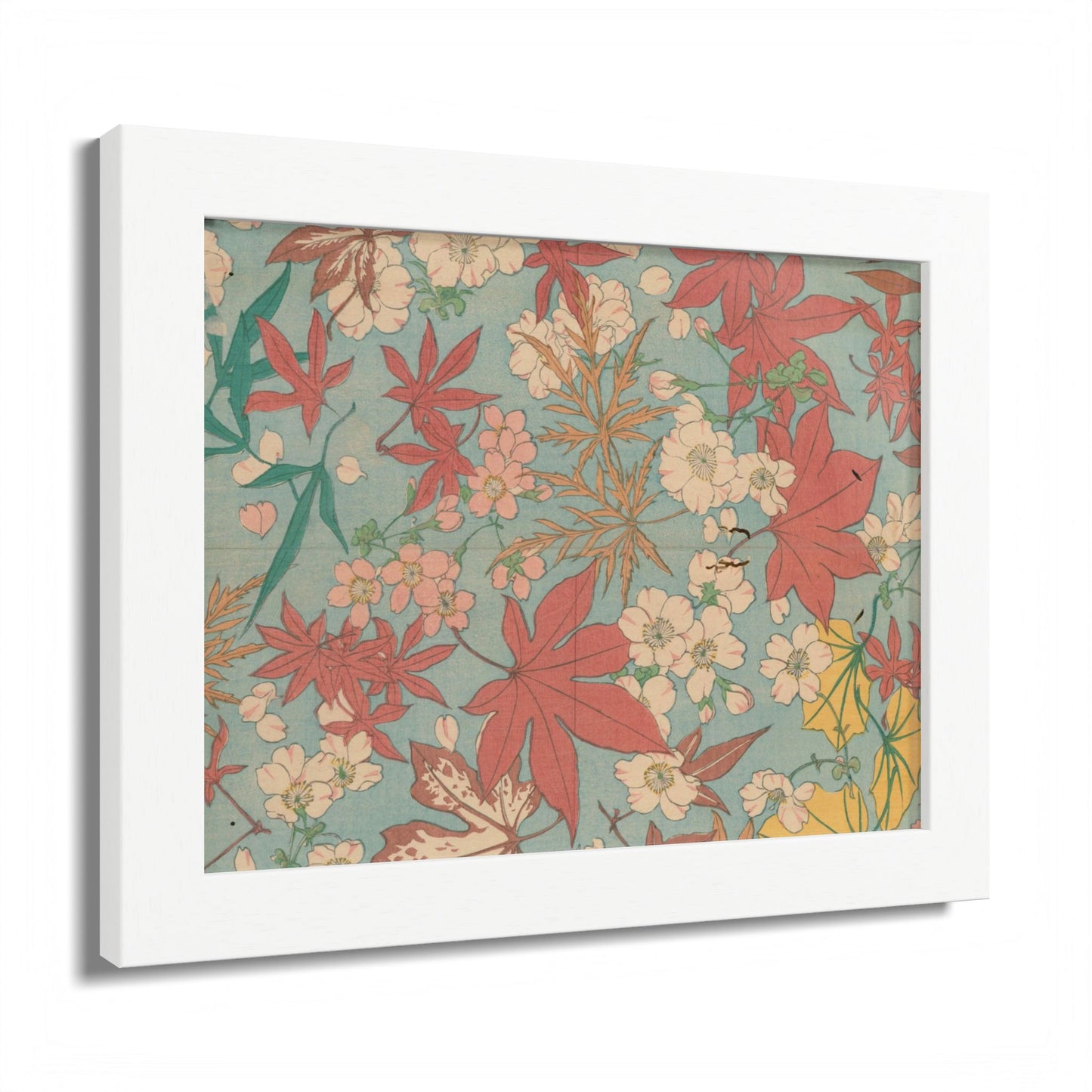 Antique Japanese Maple & Autumn Bloom Framed Poster - Meiji Era Nishikishu Wall Art