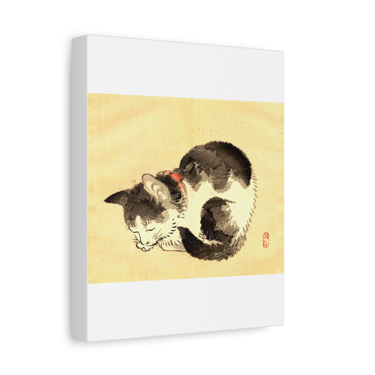 Sleeping Cat Vintage Sumi-e Canvas Print — Japanese Ink Cat Wall Art