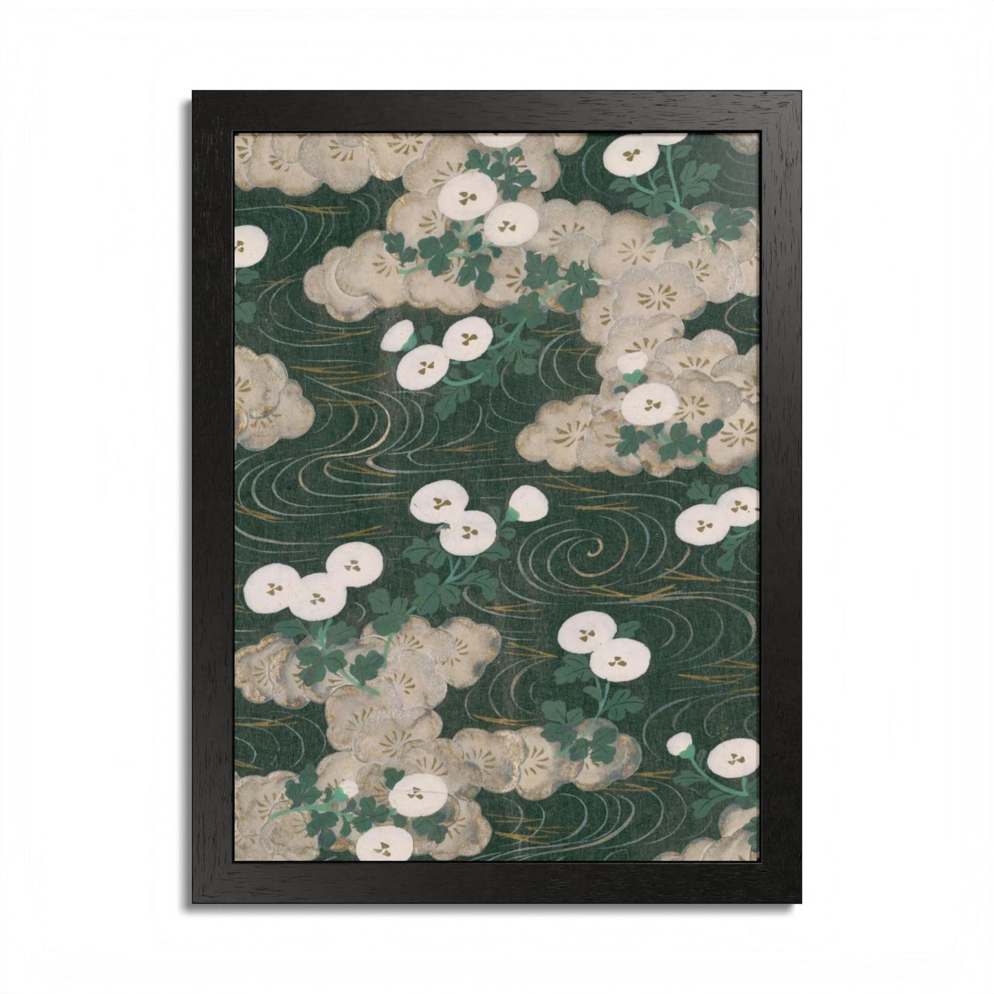 Elegant Green Chiyogami Framed Poster - Vintage Japanese Floral & Flowing Water Wall Art
