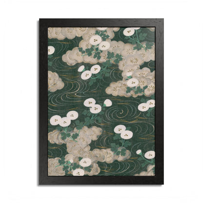 Elegant Green Chiyogami Framed Poster - Vintage Japanese Floral & Flowing Water Wall Art