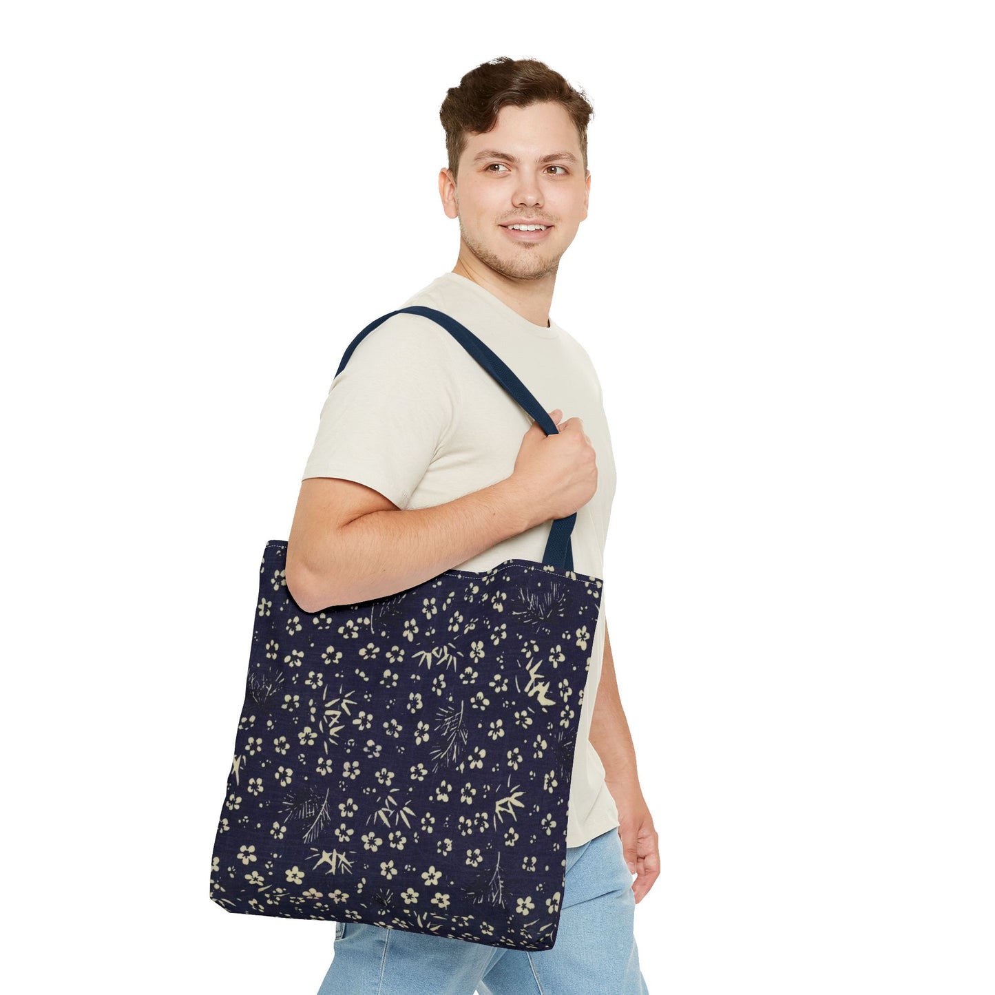 Taisho Era Shochikubai Tote Bag | 1926 Pine Bamboo Plum Japanese Chiyogami Art | Navy Floral