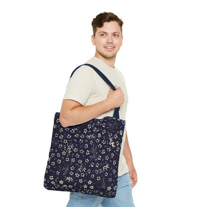 Taisho Era Shochikubai Tote Bag | 1926 Pine Bamboo Plum Japanese Chiyogami Art | Navy Floral