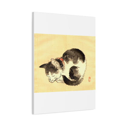 Sleeping Cat Vintage Sumi-e Canvas Print — Japanese Ink Cat Wall Art