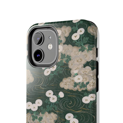 Meiji Era Flowing Water & White Flower Phone Case | 1901 Illustrated Compendium of 100 Designs | Forest Green Japanese Art