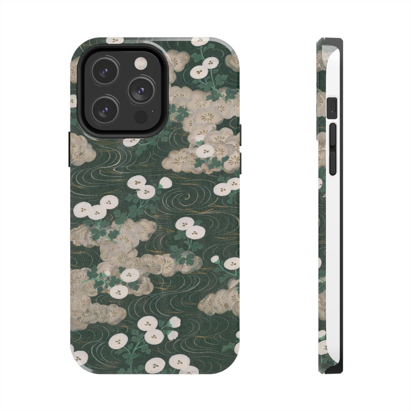 Meiji Era Flowing Water & White Flower Phone Case | 1901 Illustrated Compendium of 100 Designs | Forest Green Japanese Art