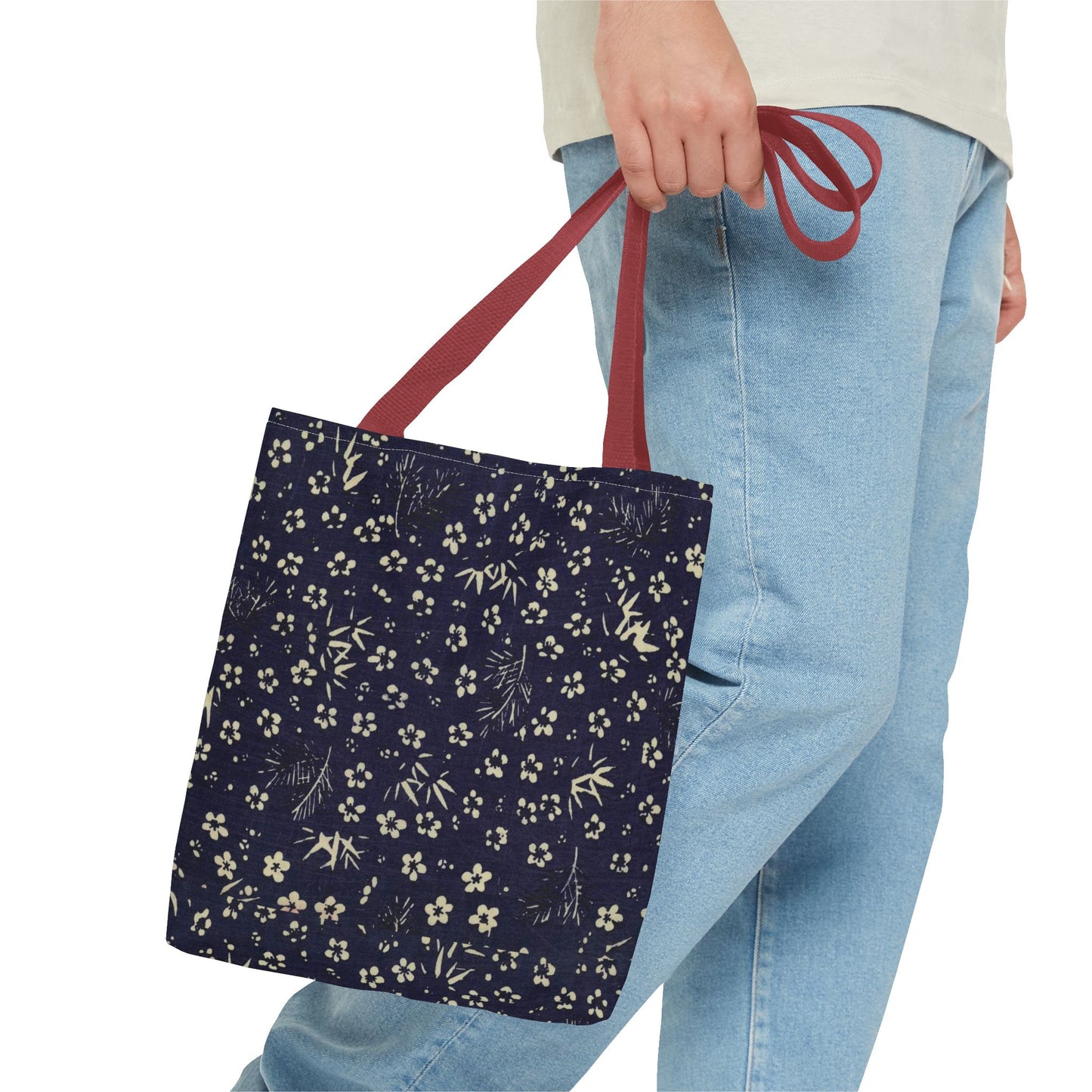 Taisho Era Shochikubai Tote Bag | 1926 Pine Bamboo Plum Japanese Chiyogami Art | Navy Floral