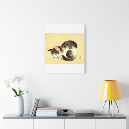 Sleeping Cat Vintage Sumi-e Canvas Print — Japanese Ink Cat Wall Art