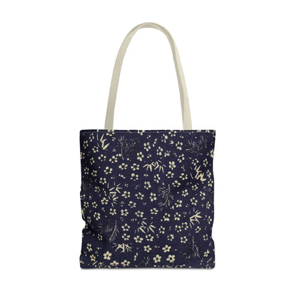 Taisho Era Shochikubai Tote Bag | 1926 Pine Bamboo Plum Japanese Chiyogami Art | Navy Floral