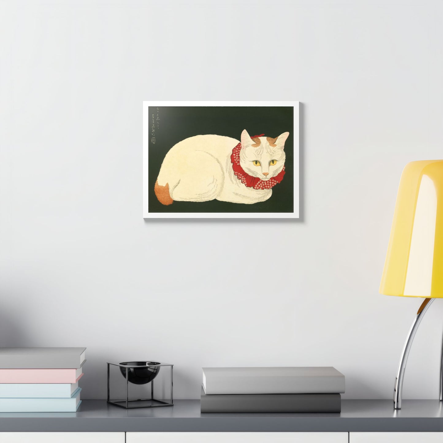 White Cat Japanese Woodblock Framed Poster – Nihon Fukei Senshu Vol.6, 1924