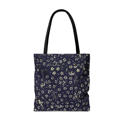 Taisho Era Shochikubai Tote Bag | 1926 Pine Bamboo Plum Japanese Chiyogami Art | Navy Floral
