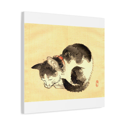 Sleeping Cat Vintage Sumi-e Canvas Print — Japanese Ink Cat Wall Art