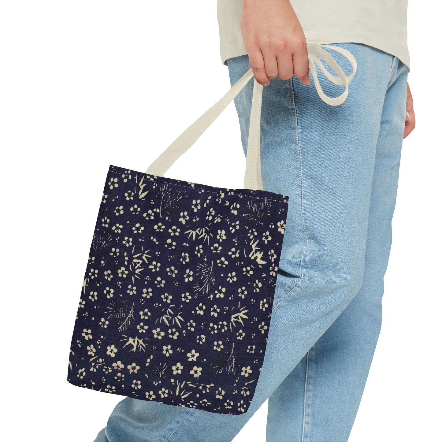 Taisho Era Shochikubai Tote Bag | 1926 Pine Bamboo Plum Japanese Chiyogami Art | Navy Floral