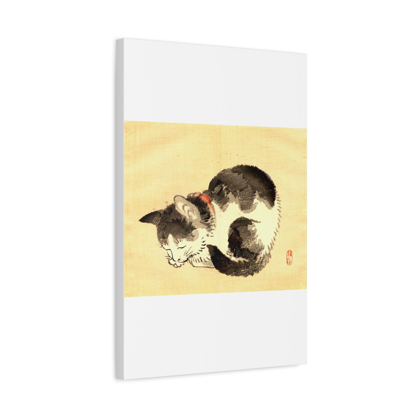 Sleeping Cat Vintage Sumi-e Canvas Print — Japanese Ink Cat Wall Art