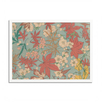 Antique Japanese Maple & Autumn Bloom Framed Poster - Meiji Era Nishikishu Wall Art