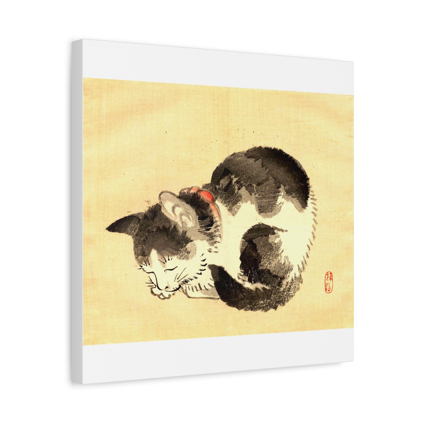 Sleeping Cat Vintage Sumi-e Canvas Print — Japanese Ink Cat Wall Art