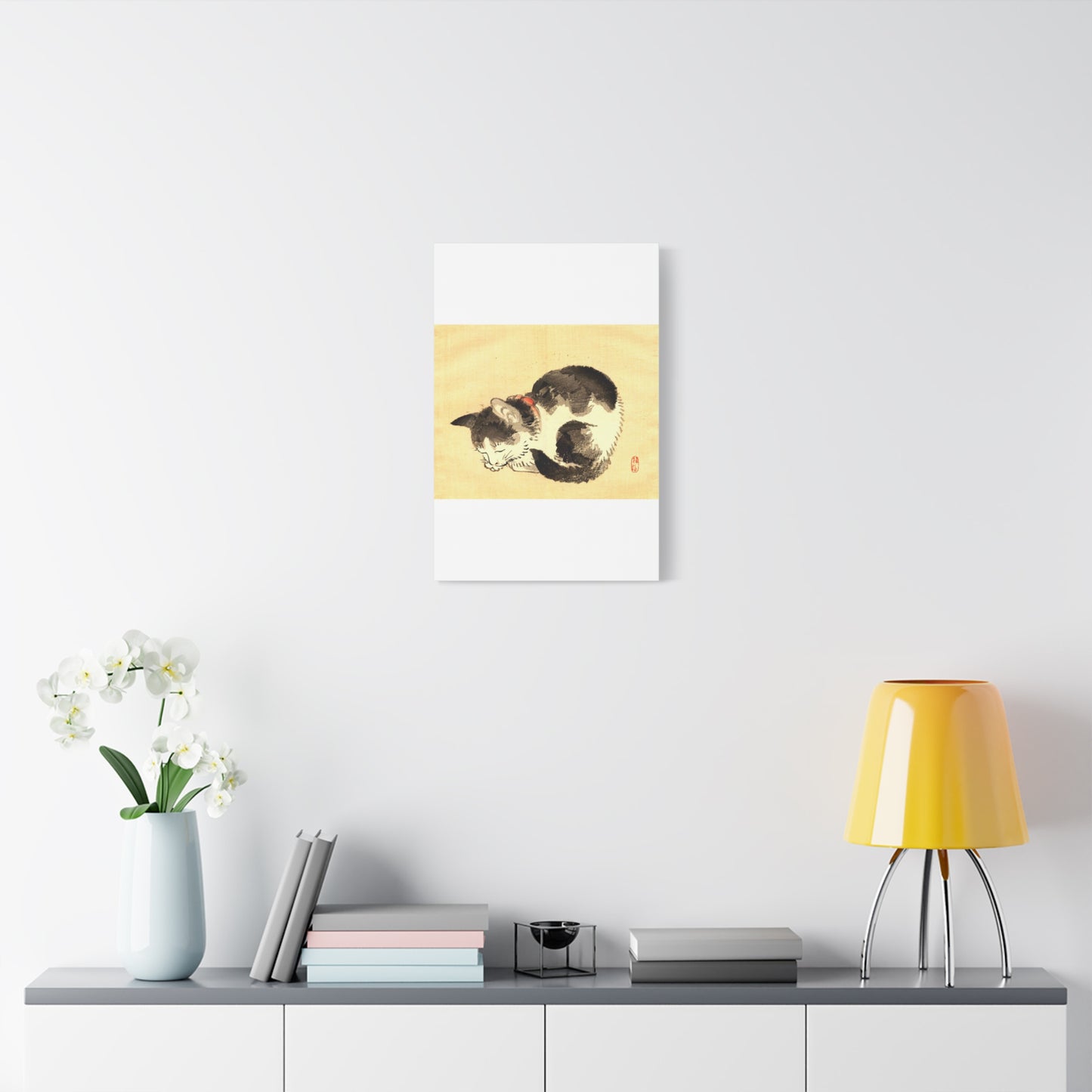 Sleeping Cat Vintage Sumi-e Canvas Print — Japanese Ink Cat Wall Art