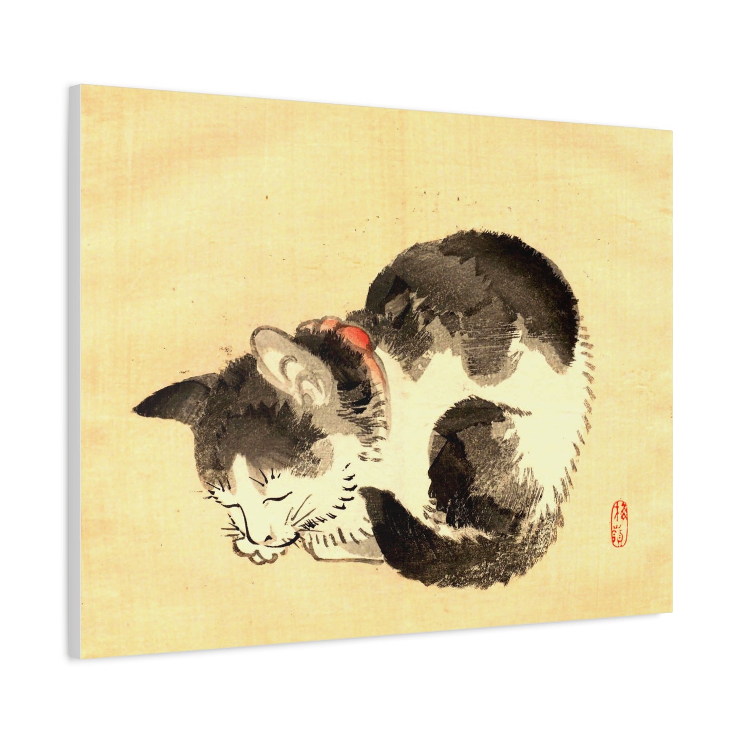 Sleeping Cat Vintage Sumi-e Canvas Print — Japanese Ink Cat Wall Art
