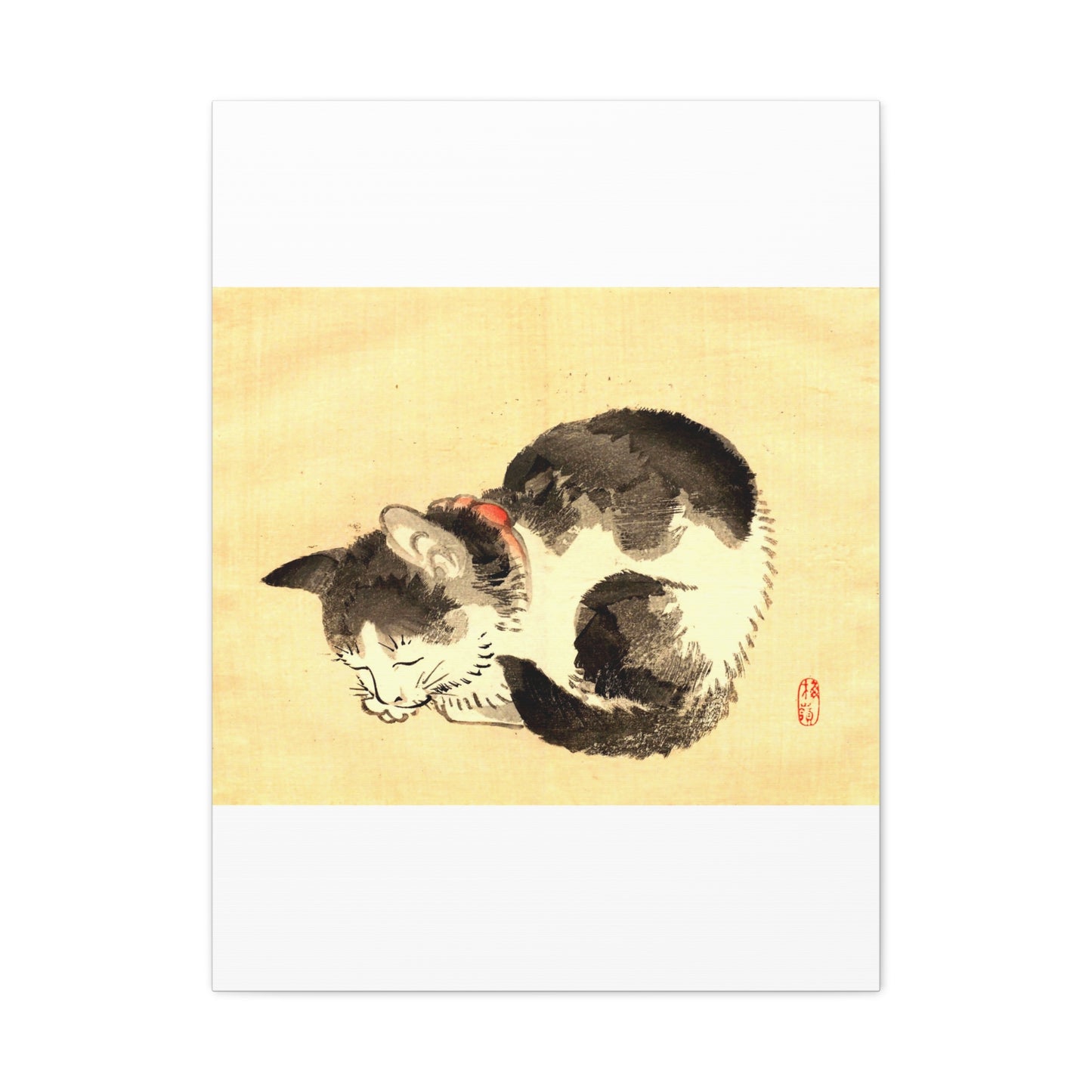 Sleeping Cat Vintage Sumi-e Canvas Print — Japanese Ink Cat Wall Art