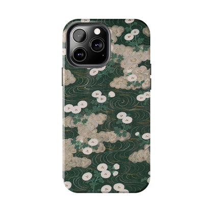 Meiji Era Flowing Water & White Flower Phone Case | 1901 Illustrated Compendium of 100 Designs | Forest Green Japanese Art