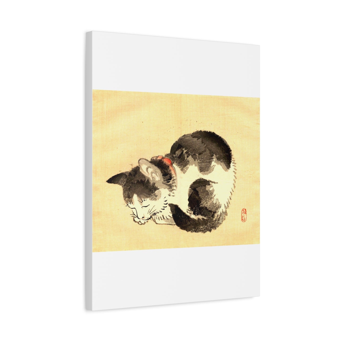 Sleeping Cat Vintage Sumi-e Canvas Print — Japanese Ink Cat Wall Art
