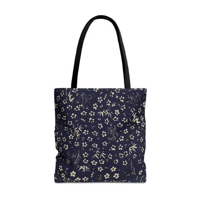 Taisho Era Shochikubai Tote Bag | 1926 Pine Bamboo Plum Japanese Chiyogami Art | Navy Floral