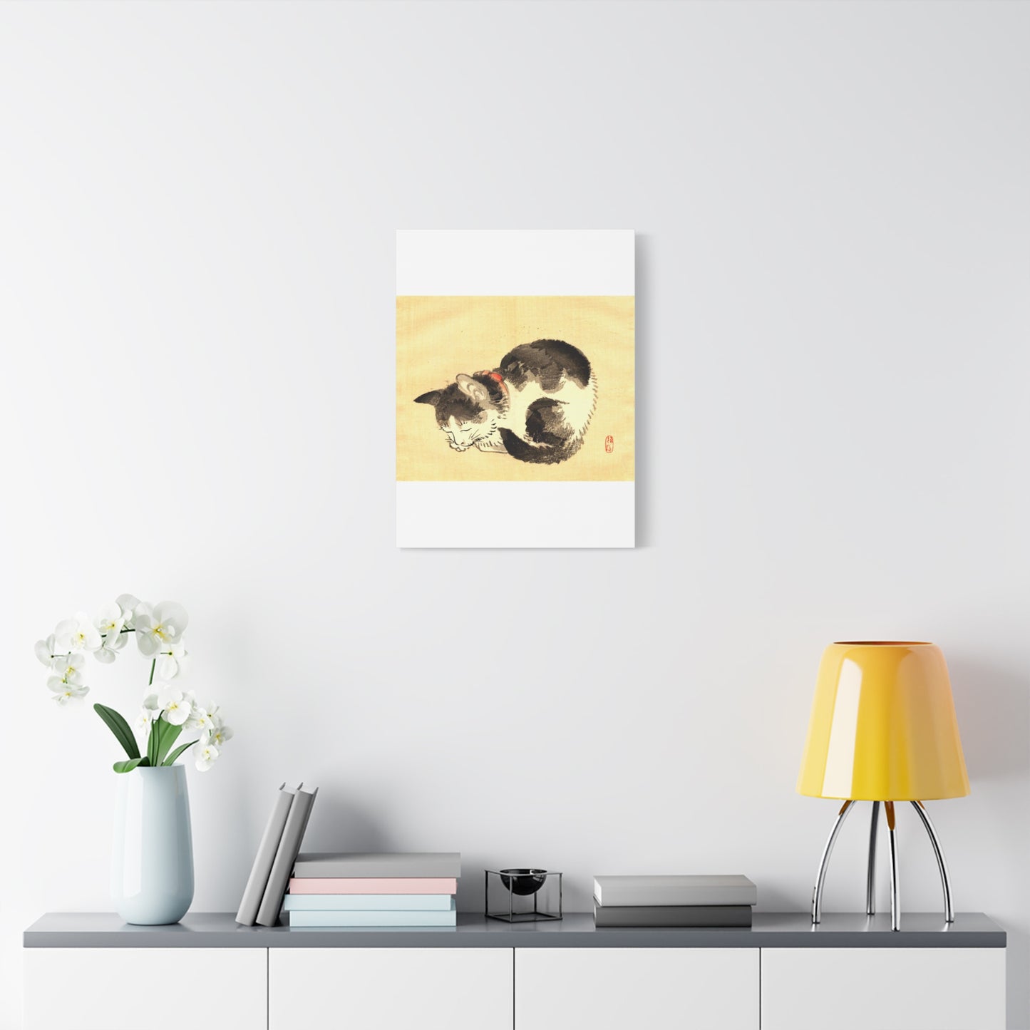 Sleeping Cat Vintage Sumi-e Canvas Print — Japanese Ink Cat Wall Art