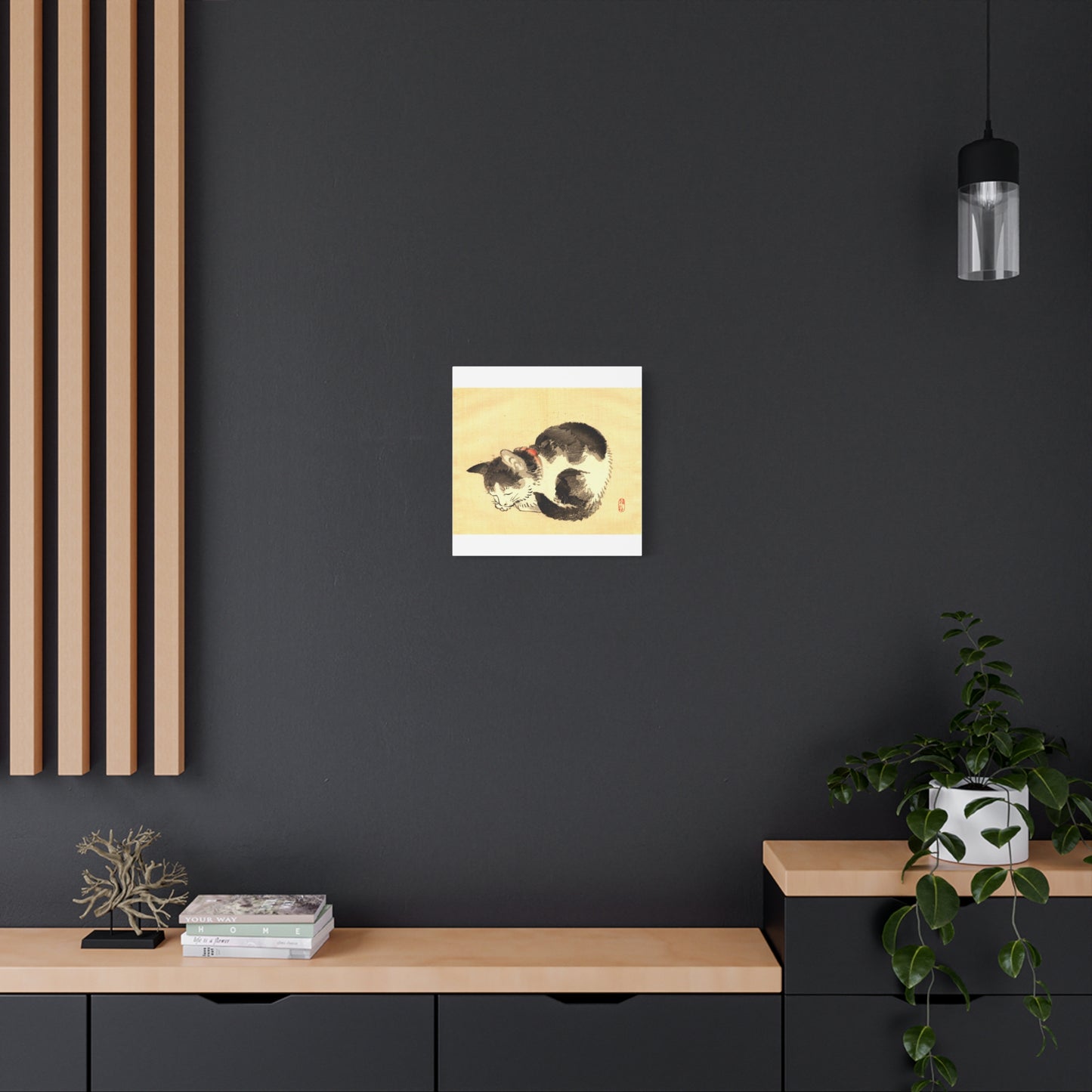 Sleeping Cat Vintage Sumi-e Canvas Print — Japanese Ink Cat Wall Art