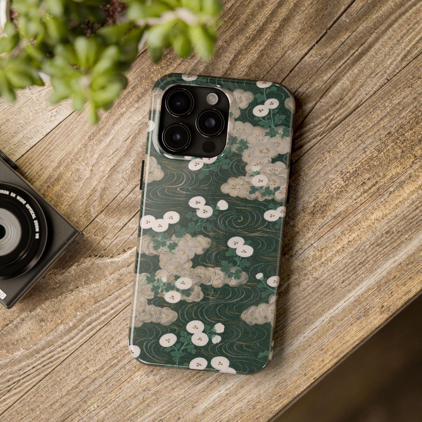 Meiji Era Flowing Water & White Flower Phone Case | 1901 Illustrated Compendium of 100 Designs | Forest Green Japanese Art