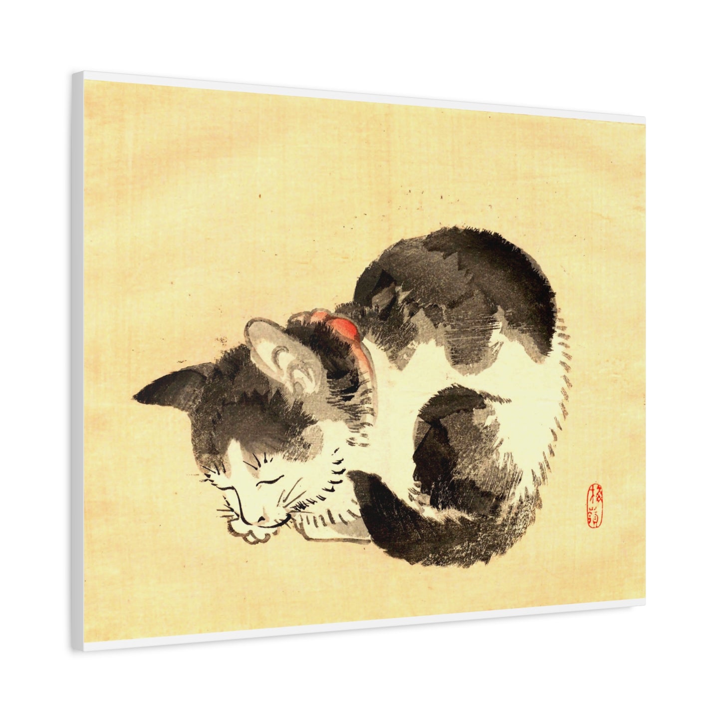 Sleeping Cat Vintage Sumi-e Canvas Print — Japanese Ink Cat Wall Art