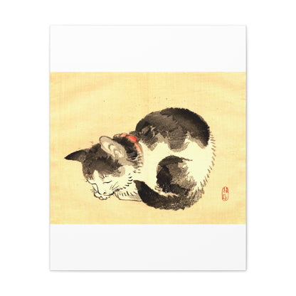 Sleeping Cat Vintage Sumi-e Canvas Print — Japanese Ink Cat Wall Art