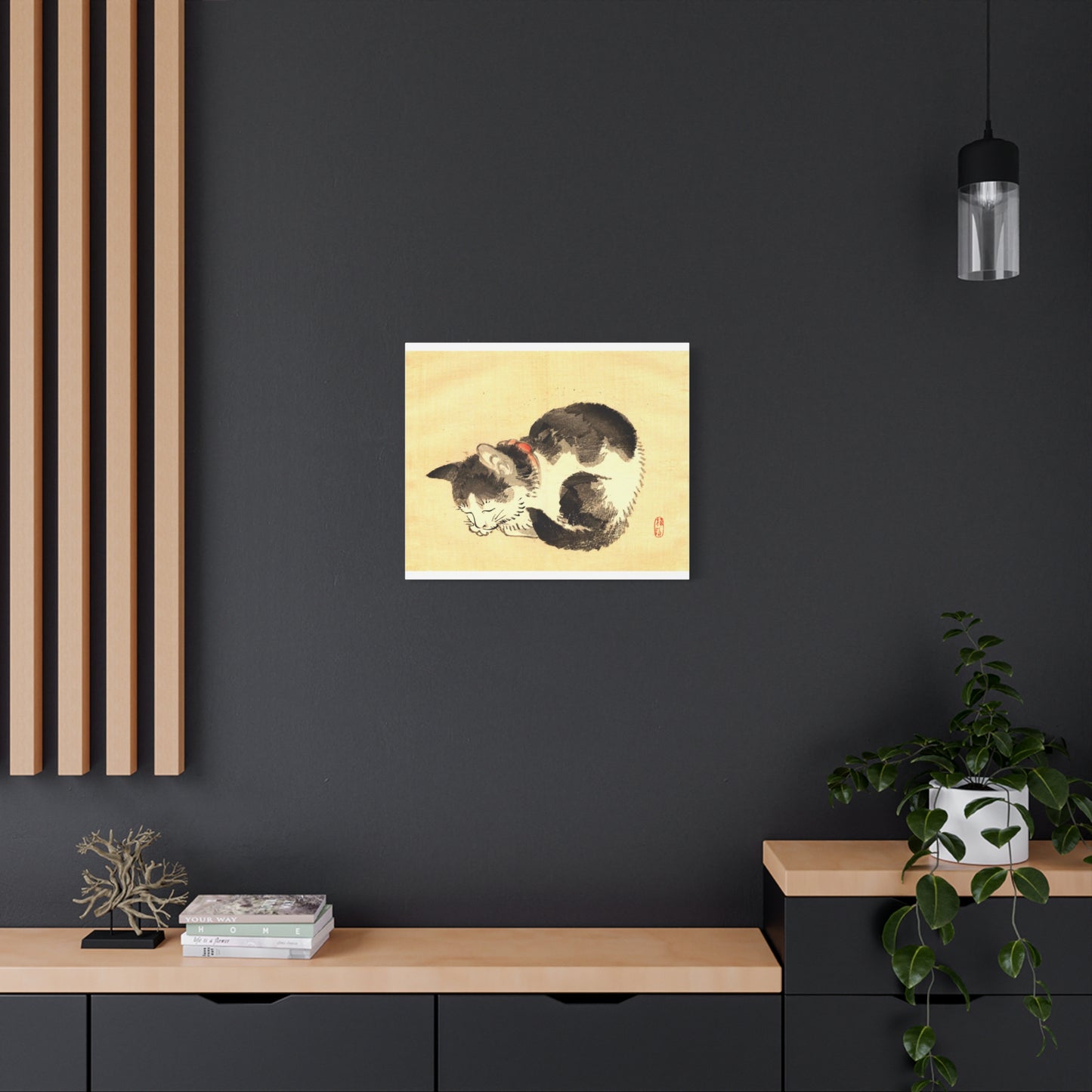 Sleeping Cat Vintage Sumi-e Canvas Print — Japanese Ink Cat Wall Art