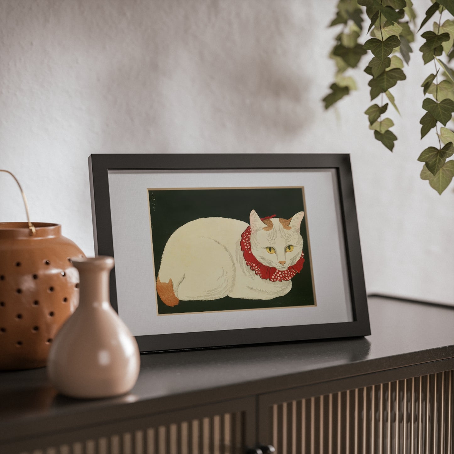 White Cat Japanese Woodblock Framed Poster – Nihon Fukei Senshu Vol.6, 1924