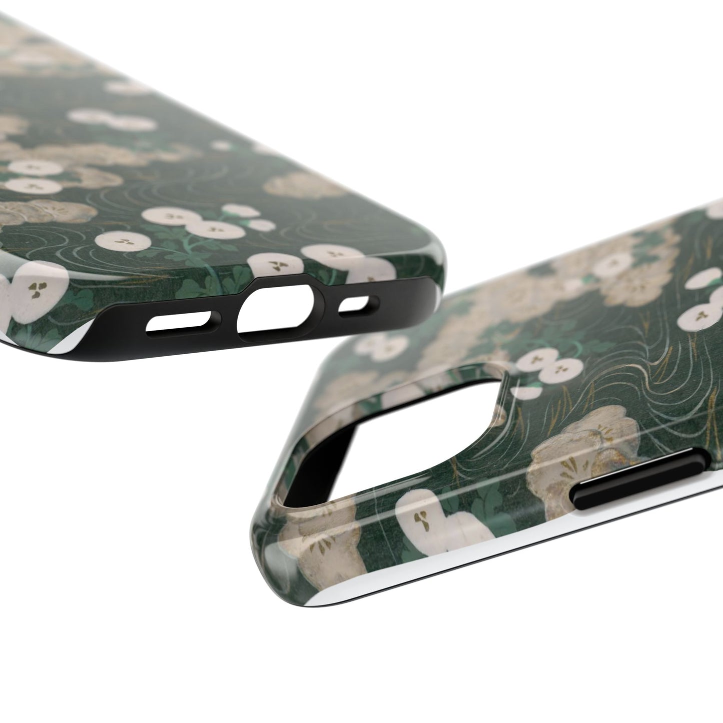 Meiji Era Flowing Water & White Flower Phone Case | 1901 Illustrated Compendium of 100 Designs | Forest Green Japanese Art