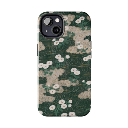 Meiji Era Flowing Water & White Flower Phone Case | 1901 Illustrated Compendium of 100 Designs | Forest Green Japanese Art