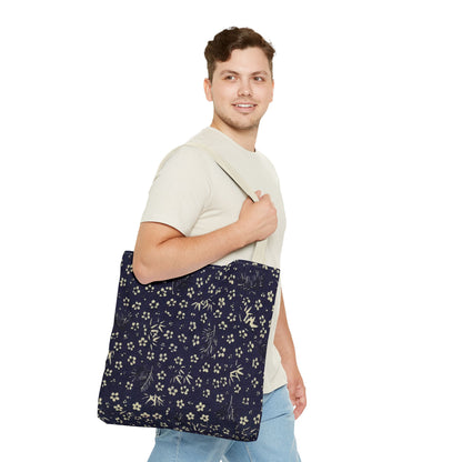 Taisho Era Shochikubai Tote Bag | 1926 Pine Bamboo Plum Japanese Chiyogami Art | Navy Floral