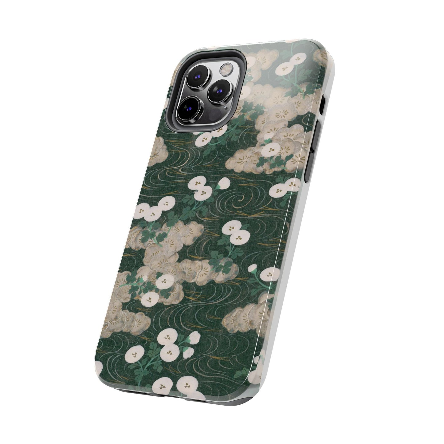 Meiji Era Flowing Water & White Flower Phone Case | 1901 Illustrated Compendium of 100 Designs | Forest Green Japanese Art