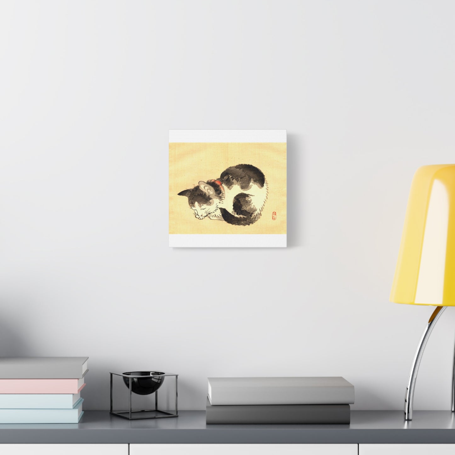 Sleeping Cat Vintage Sumi-e Canvas Print — Japanese Ink Cat Wall Art