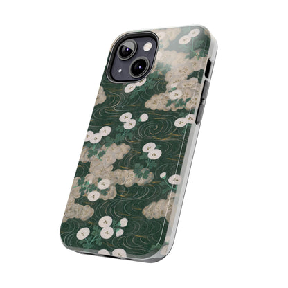 Meiji Era Flowing Water & White Flower Phone Case | 1901 Illustrated Compendium of 100 Designs | Forest Green Japanese Art