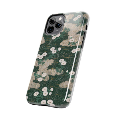 Meiji Era Flowing Water & White Flower Phone Case | 1901 Illustrated Compendium of 100 Designs | Forest Green Japanese Art