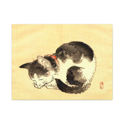 Sleeping Cat Vintage Sumi-e Canvas Print — Japanese Ink Cat Wall Art
