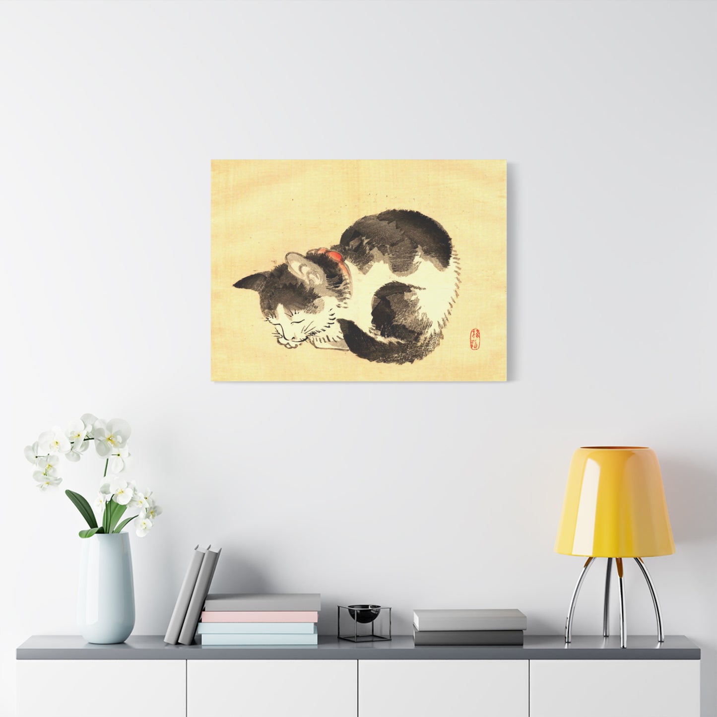 Sleeping Cat Vintage Sumi-e Canvas Print — Japanese Ink Cat Wall Art