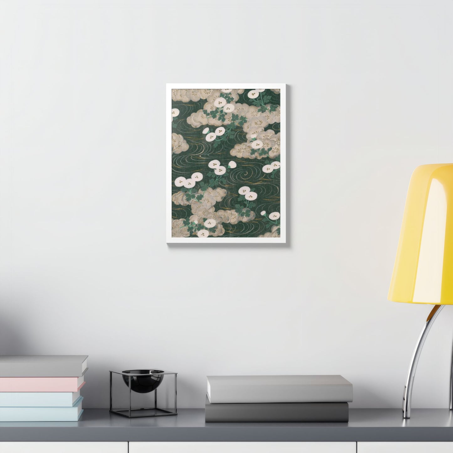 Elegant Green Chiyogami Framed Poster - Vintage Japanese Floral & Flowing Water Wall Art