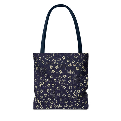 Taisho Era Shochikubai Tote Bag | 1926 Pine Bamboo Plum Japanese Chiyogami Art | Navy Floral