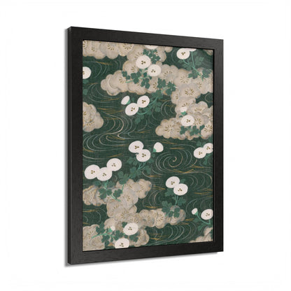 Elegant Green Chiyogami Framed Poster - Vintage Japanese Floral & Flowing Water Wall Art