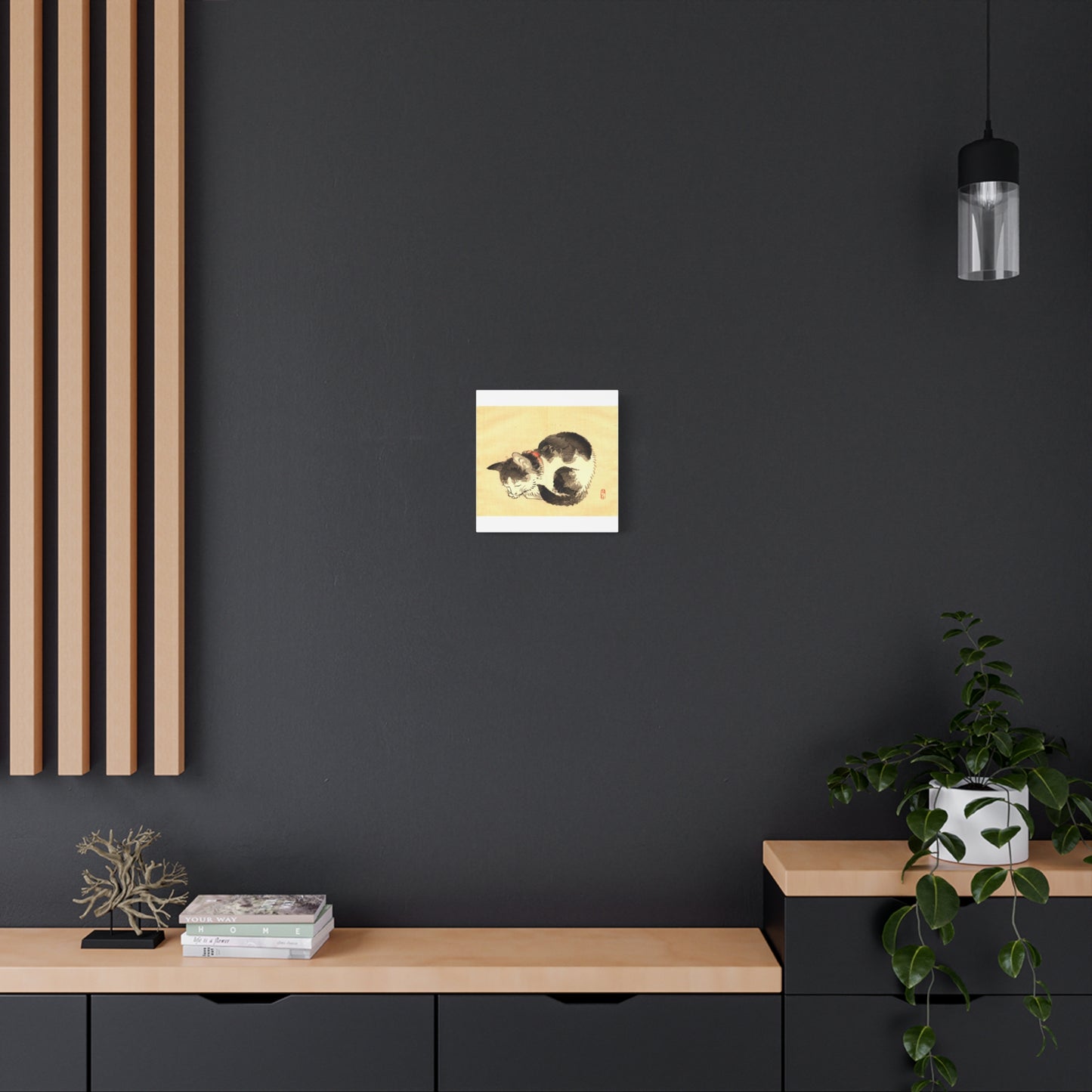Sleeping Cat Vintage Sumi-e Canvas Print — Japanese Ink Cat Wall Art