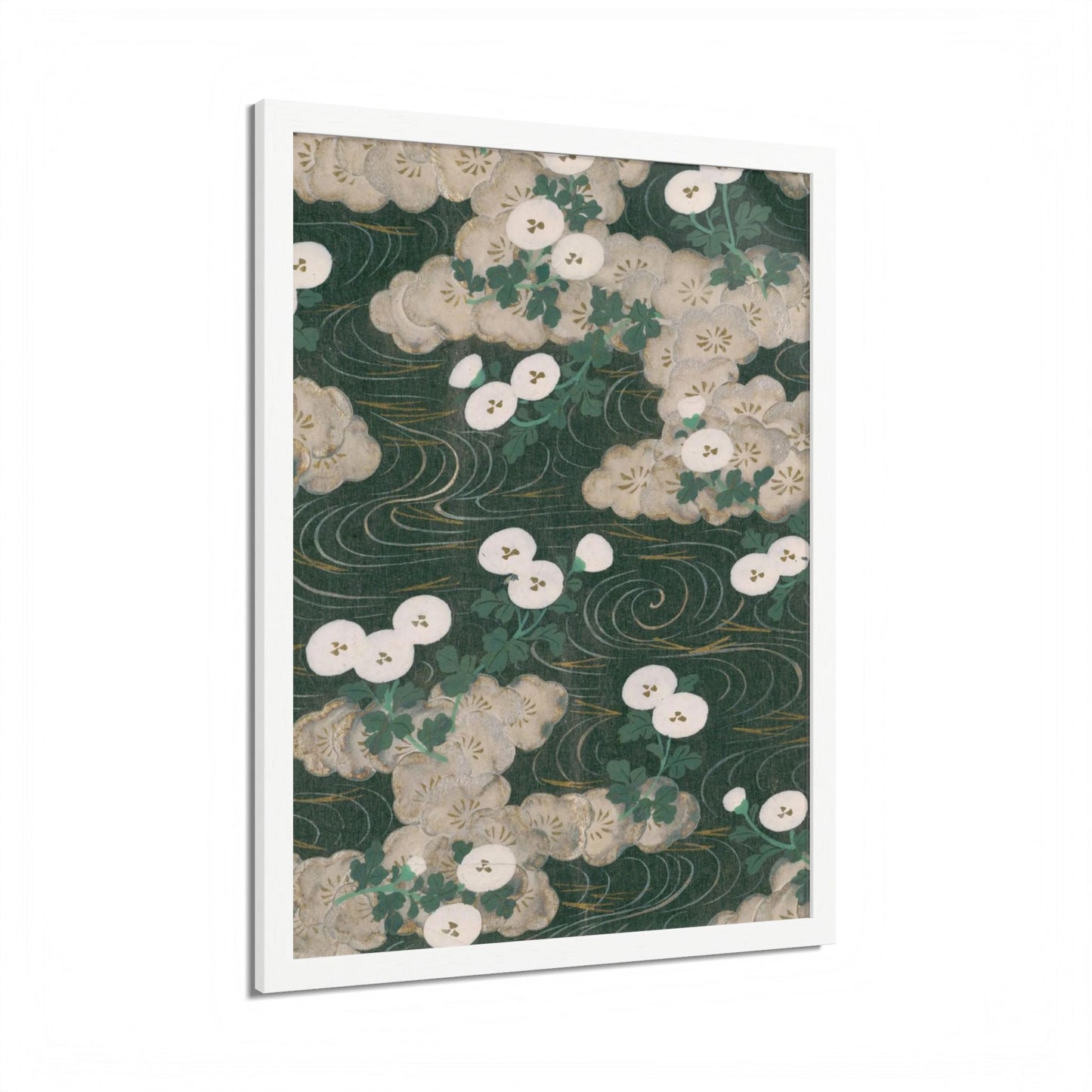 Elegant Green Chiyogami Framed Poster - Vintage Japanese Floral & Flowing Water Wall Art