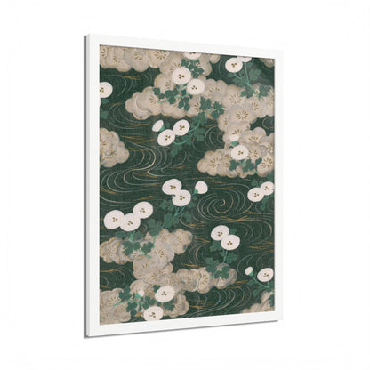 Elegant Green Chiyogami Framed Poster - Vintage Japanese Floral & Flowing Water Wall Art