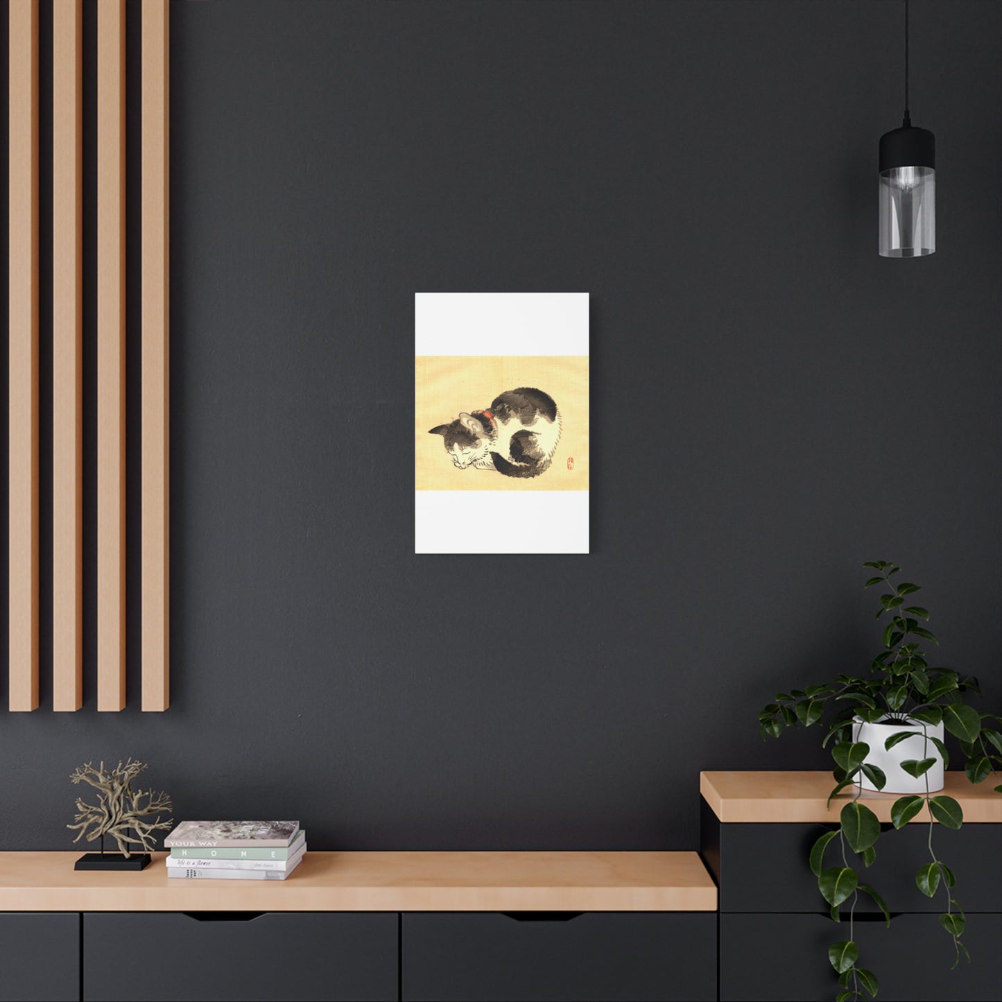 Sleeping Cat Vintage Sumi-e Canvas Print — Japanese Ink Cat Wall Art